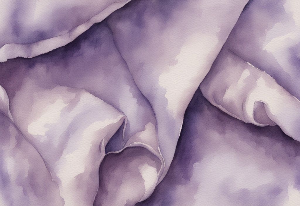 Vintage Aquarellillustration von Microfaser Bettwäsche in Lavendelfarben, Nahaufnahme der Textur und Details, mit kleinem Etikett zur Materialzusammensetzung, was ist Microfaser Bettwäsche