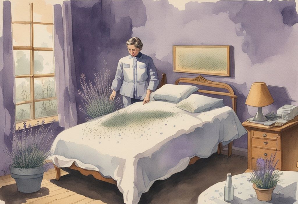 Vintage Aquarellillustration eines lavendelfarbenen Bettes mit Milbenbefall im Vordergrund, im Hintergrund eine Person mit einer Sprühflasche als Milbenbehandlungslösung.