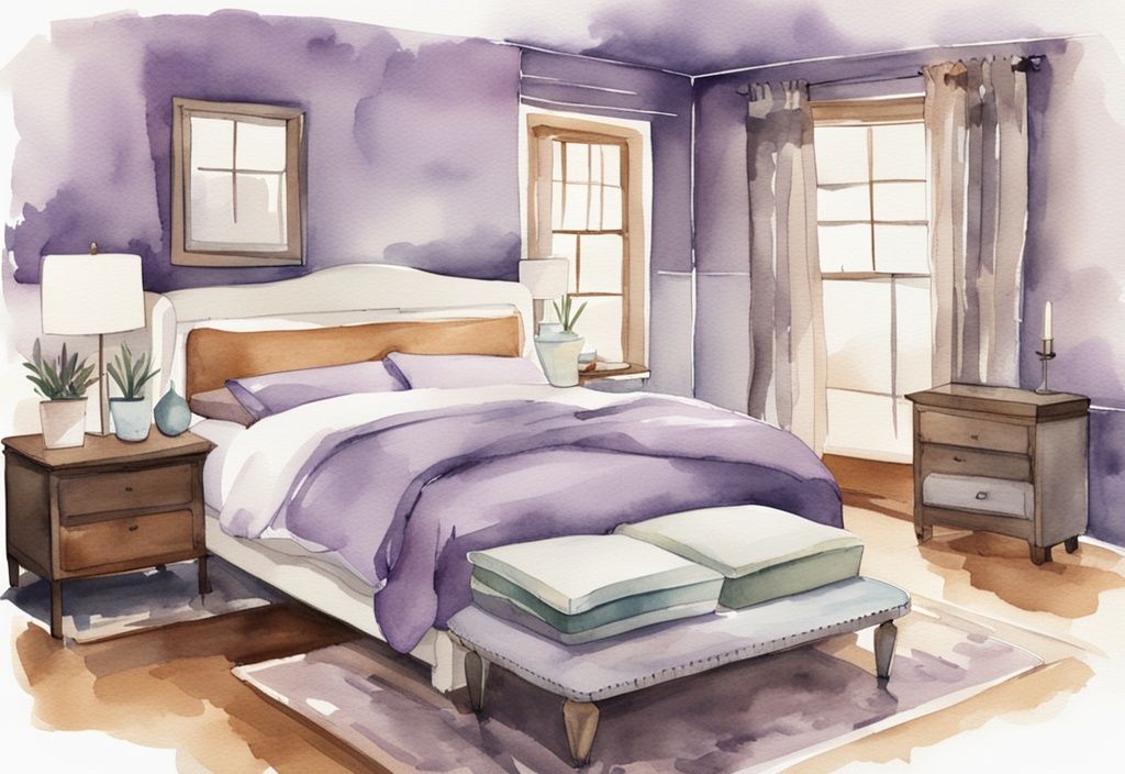 Vintage Aquarell-Illustration eines gut beleuchteten, gemütlichen Schlafzimmers mit stilvollem Boxspringbett und verschiedenen Matratzen, welche Matratze für Boxspringbett