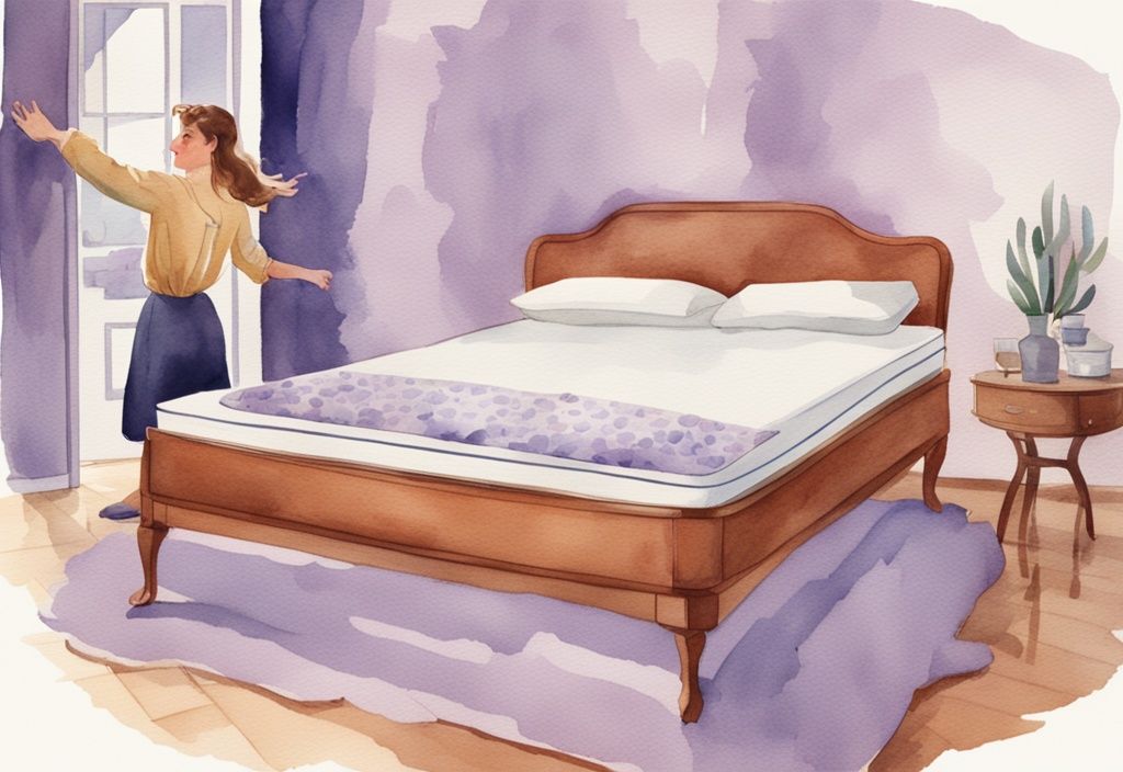 Vintage Aquarell-Illustration in Lavendel, Person zeigt Emma Matratze wie rum