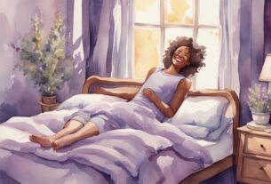 Vintage-Aquarellillustration einer Person, die sich lächelnd aus einem gemütlichen, sonnenbeschienenen Bett streckt – wie komme ich morgens besser aus dem Bett