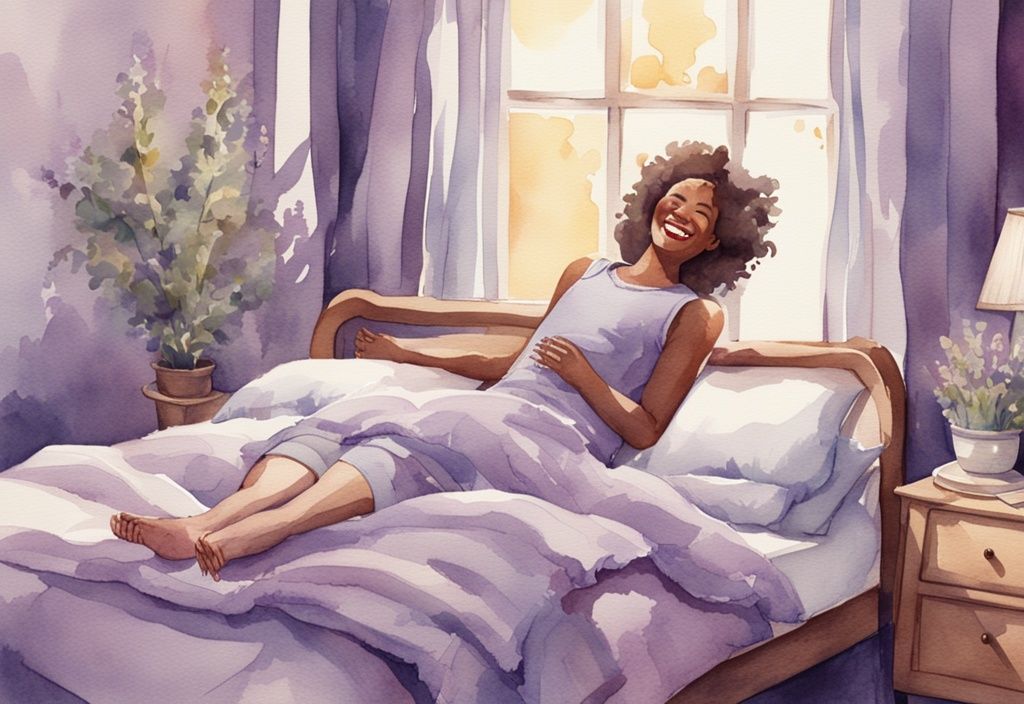 Vintage-Aquarellillustration einer Person, die sich lächelnd aus einem gemütlichen, sonnenbeschienenen Bett streckt – wie komme ich morgens besser aus dem Bett