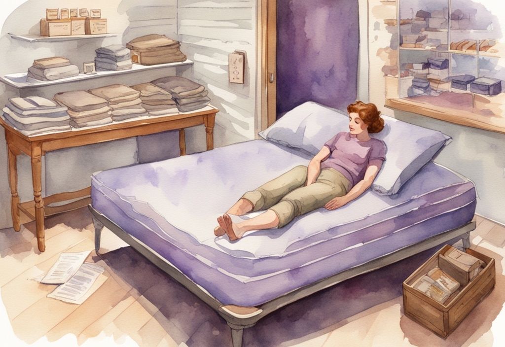 Vintage Aquarellillustration einer Person auf einer Matratze im Geschäft mit Checkliste und nachdenklichem Ausdruck, Hauptfarbthema Lavendel