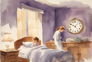 Vintage-Aquarellillustration eines Kindes in Pyjama, das gähnt und auf eine große Wanduhr schaut, die frühen Abend zeigt, während ein Elternteil es sanft in ein sanft beleuchtetes Schlafzimmer führt; wann sollten Kinder ins Bett.