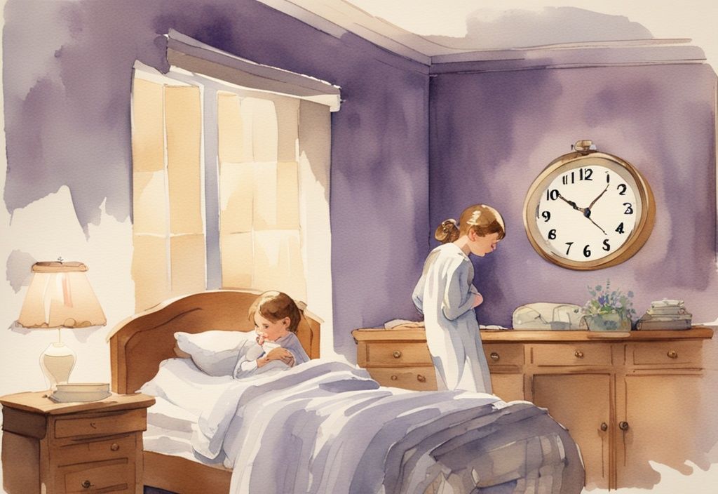 Vintage-Aquarellillustration eines Kindes in Pyjama, das gähnt und auf eine große Wanduhr schaut, die frühen Abend zeigt, während ein Elternteil es sanft in ein sanft beleuchtetes Schlafzimmer führt; wann sollten Kinder ins Bett.