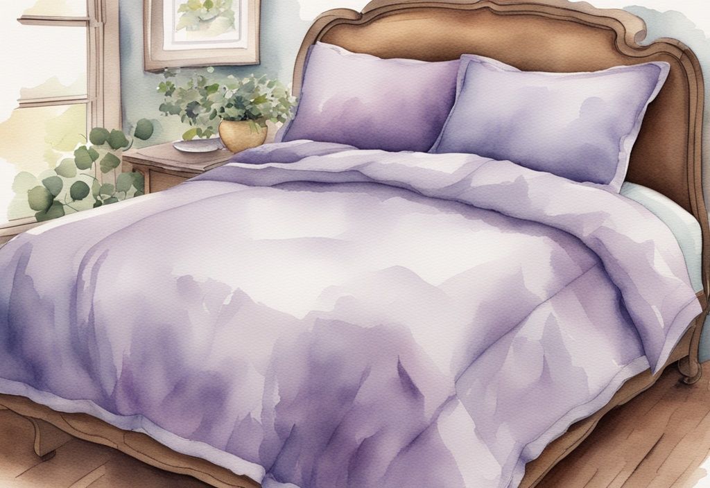 Vintage-Aquarell-Illustration von einem Mikrofaser-Bettwäsche-Set in Lavendelfarben, Nahaufnahme der Textur und Qualität mit kleinem Etikett, das das Mikrofaser-Material anzeigt.