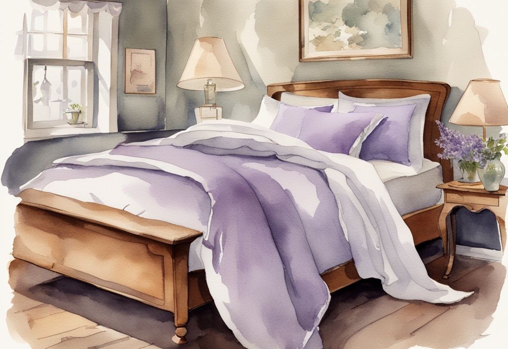 Vintage Aquarellillustration eines ordentlich gemachten Bettes mit faltenfreier Bettwäsche und einem Etikett, das die bügelfreie Qualität anzeigt, in Lavendelfarben.