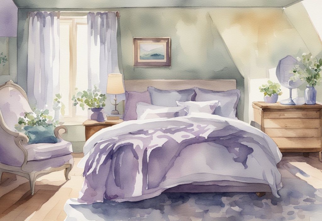 Vintage Aquarell-Illustration eines luftigen Schlafzimmers mit sommerlicher Bettwäsche in Lavendelfarben und atmungsaktiven Stoffen.