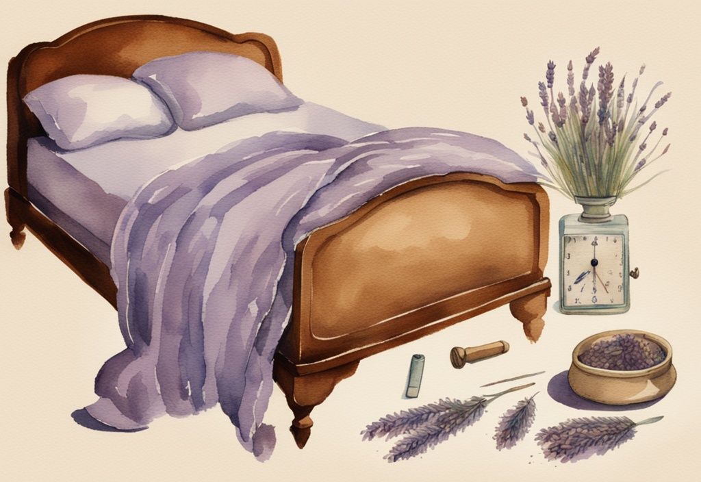Vintage Aquarellillustration von einem Bett mit vergrößerten Läusen und einem Countdown-Timer, der die Überlebensdauer darstellt – wie lange überleben Läuse im Bett.