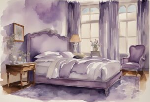 Vintage-Aquarellillustration eines 90x200 Betts in Lavendel-Farbtönen, zeigt die Entwicklung des Betts von der Entstehung bis heute - ab wann 90x200 Bett.