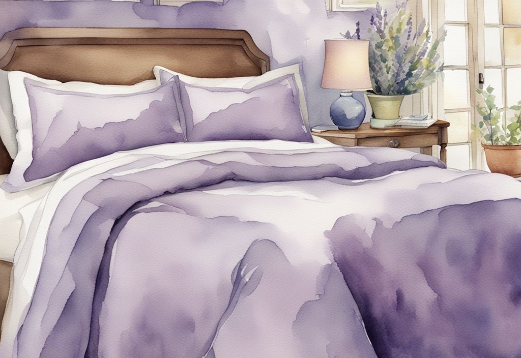 Vintage Aquarell-Illustration von lavendelfarbenem Mikrofaser-Bettwäsche-Set, Nahaufnahme der Textur und Qualität mit kleinem Etikett für Mikrofaser-Material.