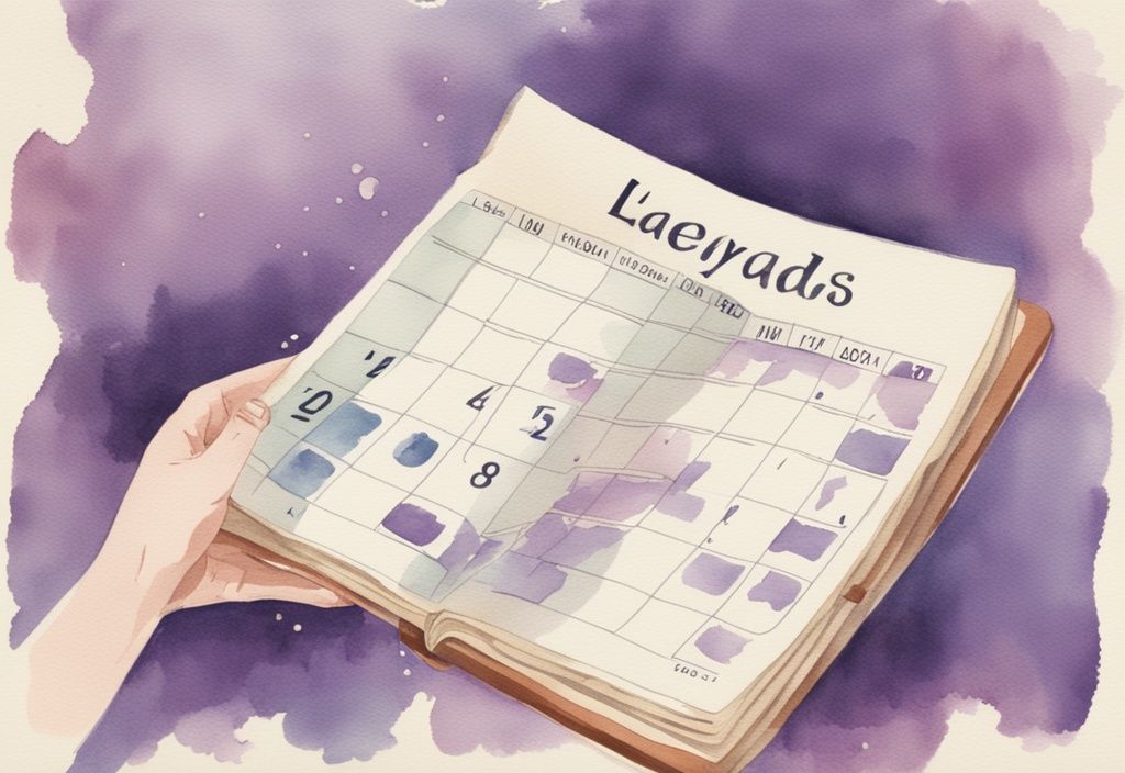 Vintage Aquarell-Illustration mit Lavendel-Thema, Hände blättern Kalender mit Matratzenabbildungen, symbolisiert Lebensdauer einer Matratze