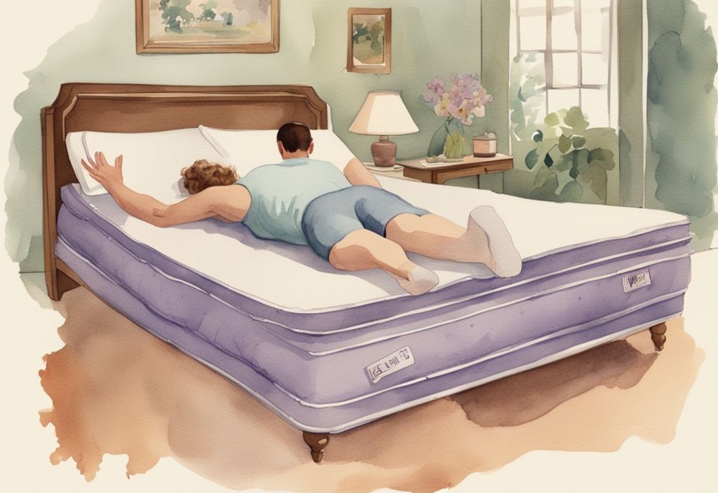 Vintage-Aquarell-Illustration einer Person, die eine Emma-Matratze wendet, um die richtige Positionierung zu demonstrieren, Hauptfarbthema Lavendel.