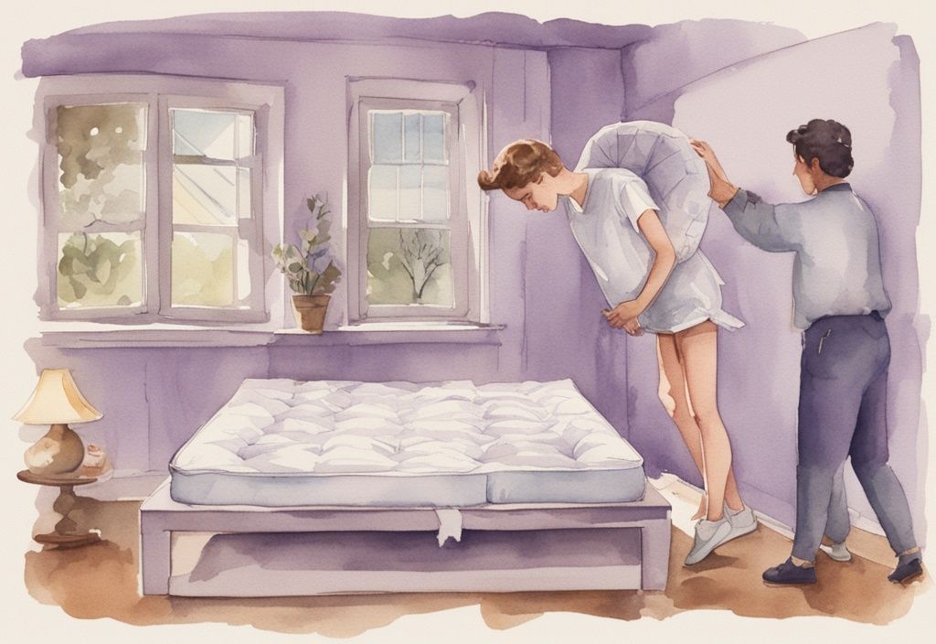 Vintage-Aquarell-Illustration in Lavendel, die zeigt, wie oft Matratze wenden mit einer visuellen Zeitleiste und klaren Markierungen für die Intervalle.