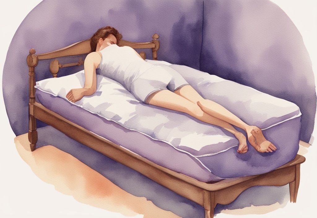 Vintage Aquarellillustration von einer Person, die seitlich auf einer Matratze schläft, mit hervorgehobener Hüftausrichtung zur Schmerzlinderung, Hauptfarbthema Lavendel.