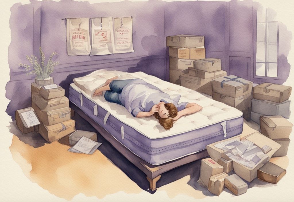 Vintage-Aquarellillustration von einer Person, die sich auf einer neuen Matratze mit noch befestigten Etiketten unwohl fühlt, umgeben von ungepackten Kartons, was passiert wenn man neue Matratze zu früh benutzt.