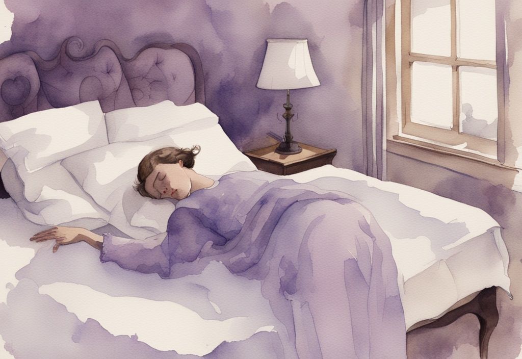 Vintage Aquarellillustration einer Person, die am Rand eines Bettes friedlich schläft, umgeben von einer schwachen Umrisslinie, die das Unterbewusstsein darstellt und zeigt, warum fällt man nicht aus dem Bett.