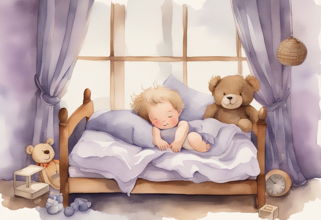 Vintage Aquarellillustration eines friedlich schlafenden Babys auf einer sicheren und komfortablen Matratze, umgeben von weichen Kissen und Plüschtieren, Hauptfarbthema Lavendel