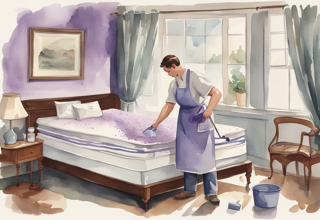Vintage Aquarell-Illustration einer Person, die eine Matratze mit Bürste, Staubsauger und natürlicher Reinigungslösung desinfiziert und reinigt, Hauptfarbthema Lavendel.
