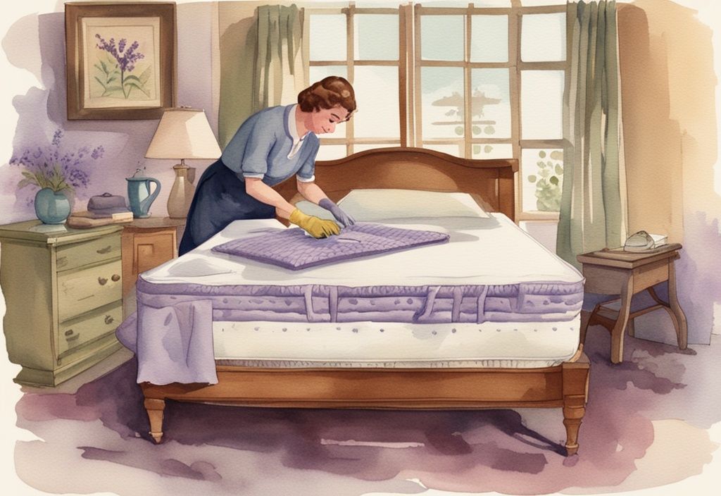 Vintage-Aquarellillustration einer Person, die eine farbenfrohe Matratze mit einer weichen Bürste, mildem Reinigungsmittel und einem kühlen, feuchten Tuch säubert, zeigt wie Matratze reinigen