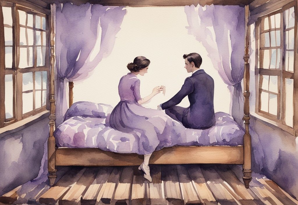 Vintage-Aquarell-Illustration eines Paares auf einem alten Holzbett mit Lavendel-Farbschema, sichtbare Vibrationen und Schallwellen zeigen das quietschende Geräusch.
