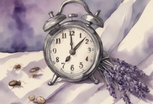 Vintage-Aquarell-Illustration von Läusen auf einem Bettlaken mit digitaler Uhr im Hintergrund, die anzeigt, wie lange überleben Läuse im Bett.