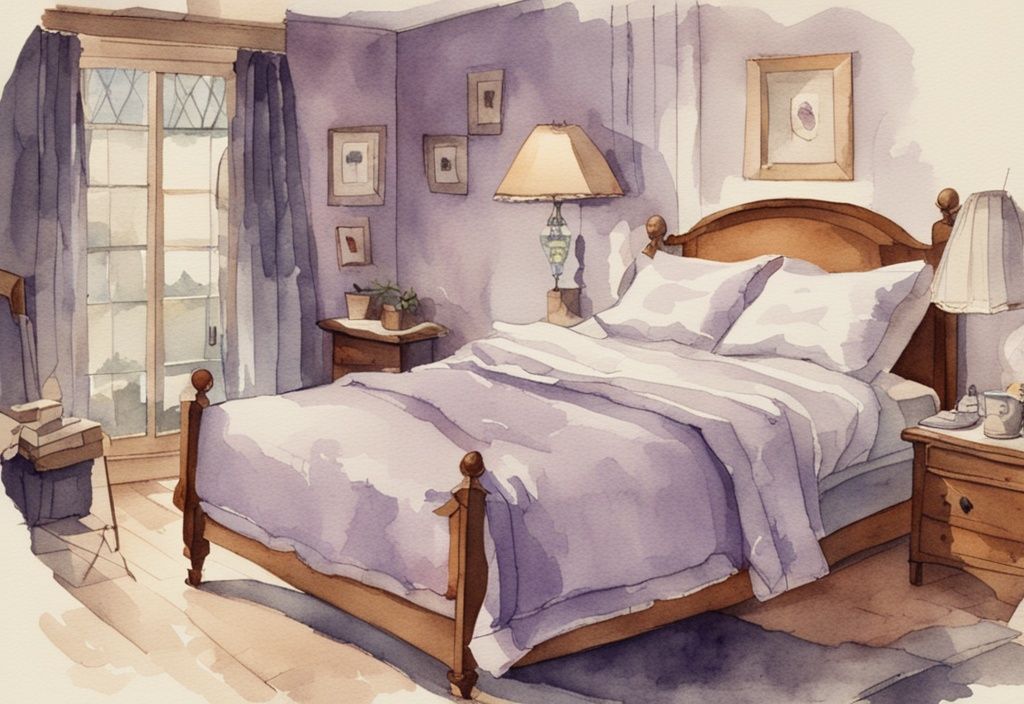 Vintage Aquarell-Illustration mit Lavendel-Thema, Bettwanzen krabbeln von einem nahen Gegenstand durch Bettwäsche bis zur Matratze.