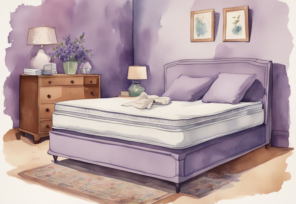 Vintage Aquarell-Illustration eines Boxspringbetts mit verschiedenen Matratzen, lavendelfarbene Hauptthematik, zeigt unterschiedliche Eigenschaften und Spezifikationen.