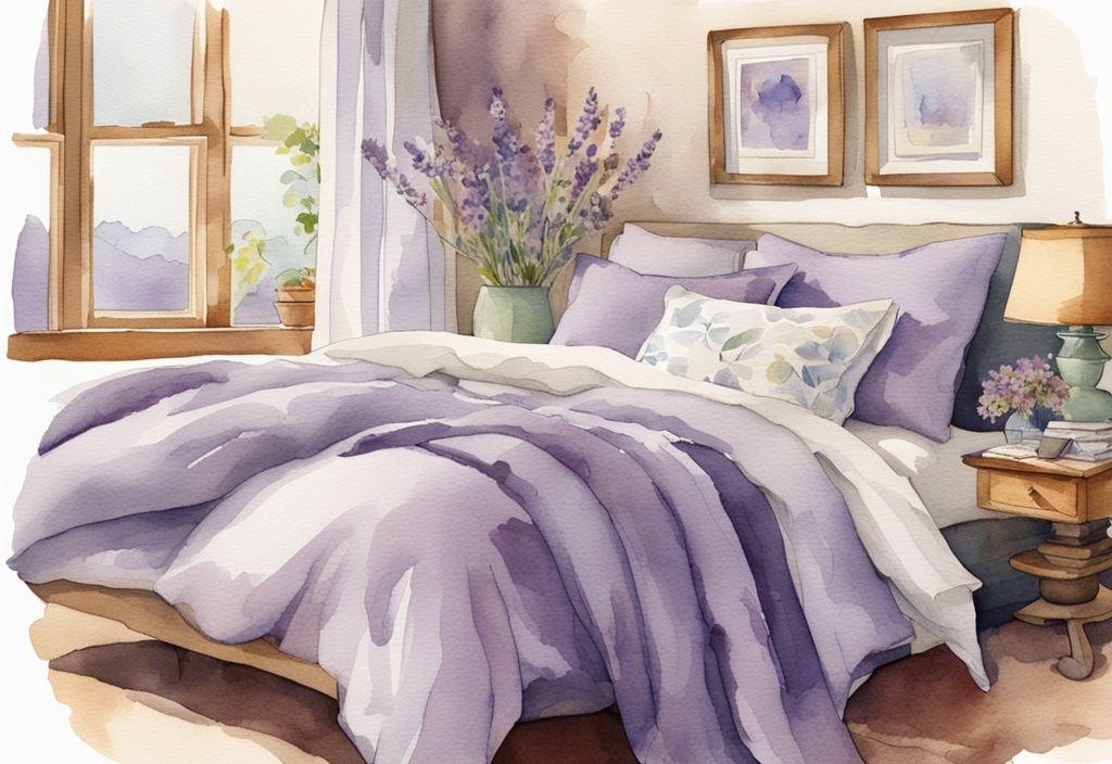Vintage Aquarell-Illustration von leichter, atmungsaktiver Bettwäsche wie Baumwollbettlaken und Leinenbettdecken in einem hellen, sommerlichen Schlafzimmer, welche Bettwäsche im Sommer.