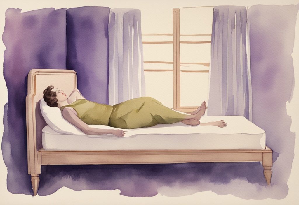 Vintage Aquarell-Illustration einer Person, die bequem auf einer Matratze liegt, mit lavendelfarbenem Thema und hervorgehobenen Bereichen zur Rückenunterstützung.