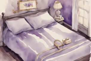 Vintage Aquarell-Illustration eines Kingsize-Betts aus der Vogelperspektive mit Maßband, das die Dimensionen anzeigt - wie groß ist ein Kingsize Bett