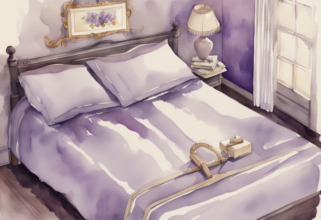 Vintage Aquarell-Illustration eines Kingsize-Betts aus der Vogelperspektive mit Maßband, das die Dimensionen anzeigt - wie groß ist ein Kingsize Bett