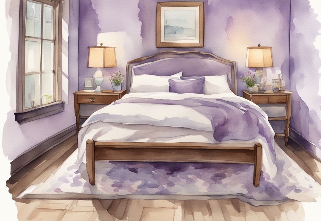 Vintage Aquarell-Illustration eines gemütlichen Schlafzimmers mit und ohne Matratzentopper, Hauptfarbthema Lavendel, Komfort- und Unterstützungsunterschied visuell hervorgehoben.