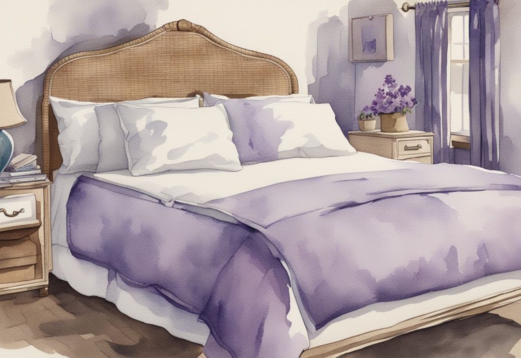 Vintage Aquarell-Illustration eines ordentlich gemachten Betts mit Renforcé-Bettwäsche in Lavendelfarben, hochwertige Baumwolle.