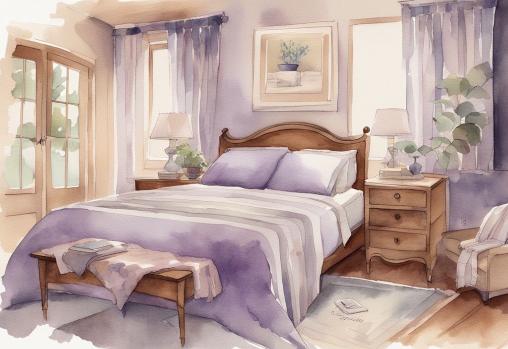 Vintage Aquarellillustration eines Bettes mit Preisschild in einem gemütlichen Schlafzimmer, Hauptfarbton Lavendel, weiche Töne und zarte Details schaffen eine beruhigende Atmosphäre.