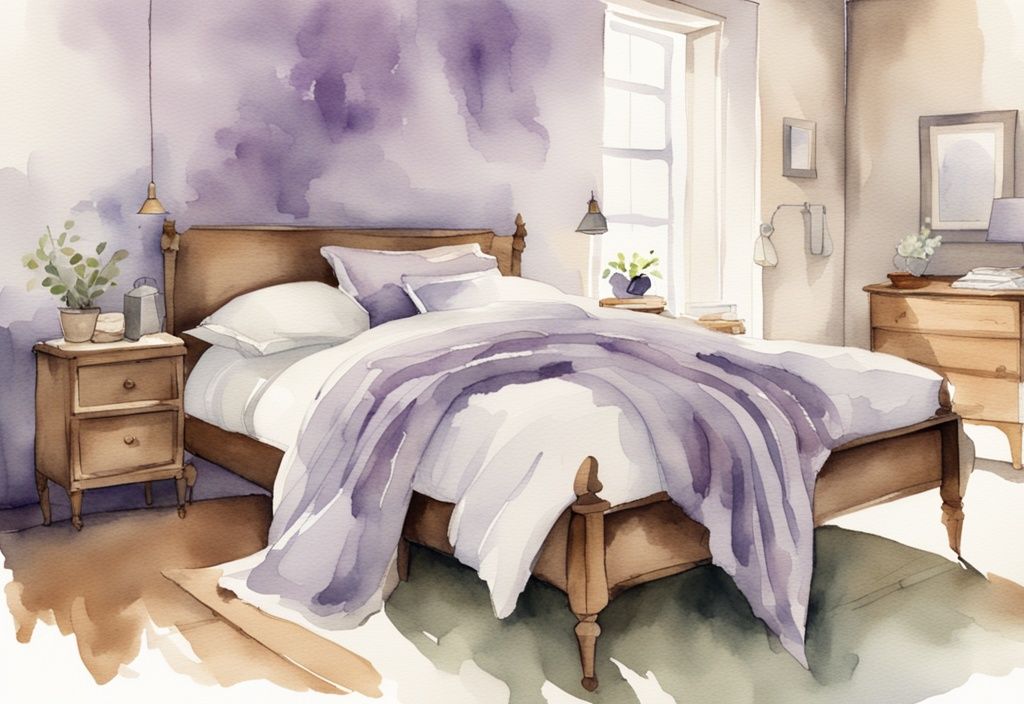 Vintage Aquarell-Illustration eines ruhigen Schlafzimmers mit Bett aus Musselin-Bettwäsche in weichen, neutralen Tönen, Hauptfarbe Lavendel