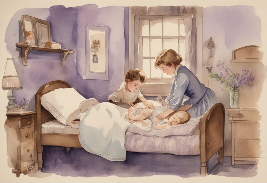 Vintage-Aquarell-Illustration mit Lavendel-Thema zeigt eine Zeitleiste, auf der Kinder in Betten dargestellt sind; ab wann fallen Kinder nicht mehr aus dem Bett, ältere Kinder schlafen sicher.