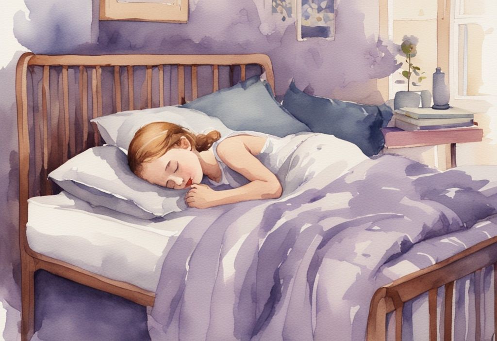 Vintage-Aquarell-Illustration eines friedlich schlafenden Kindes auf einer 90x200 Matratze in einem bunt dekorierten Kinderzimmer, Hauptfarbe Lavendel.