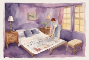 Vintage Aquarellillustration in Lavendel mit Kalender zur Häufigkeit des Matratzenwendens und Person beim Matratze wenden - wie oft Matratze wenden.
