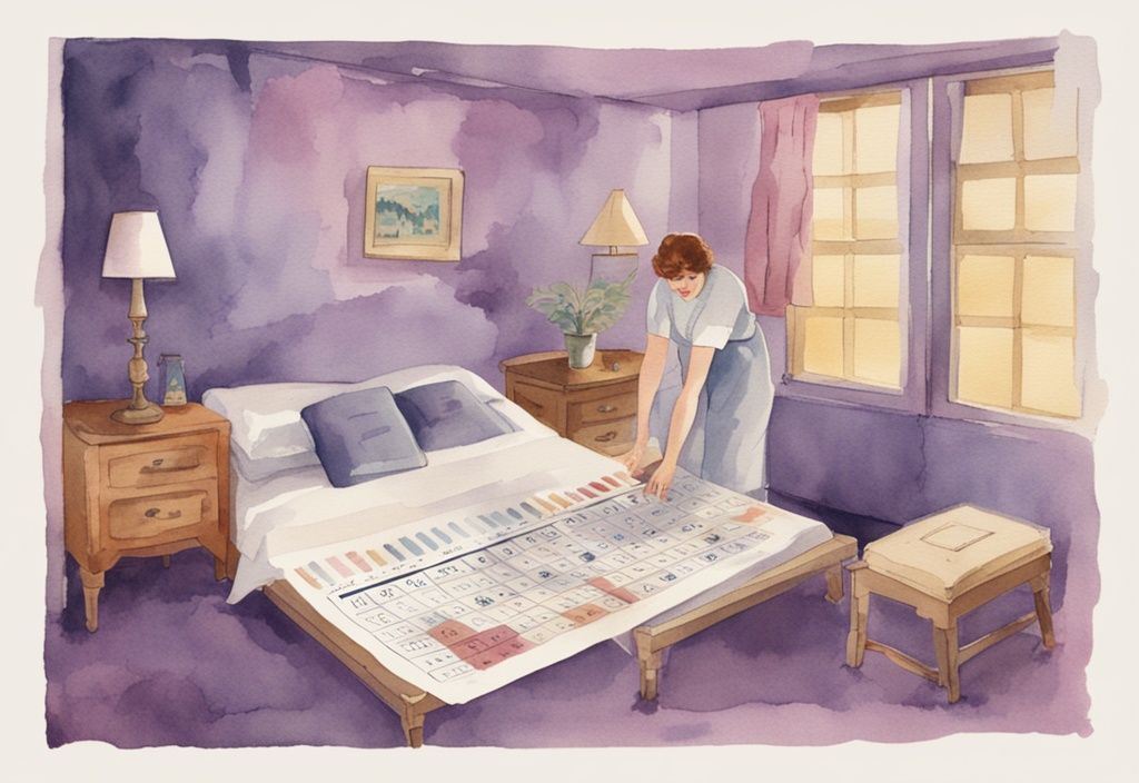 Vintage Aquarellillustration in Lavendel mit Kalender zur Häufigkeit des Matratzenwendens und Person beim Matratze wenden - wie oft Matratze wenden.