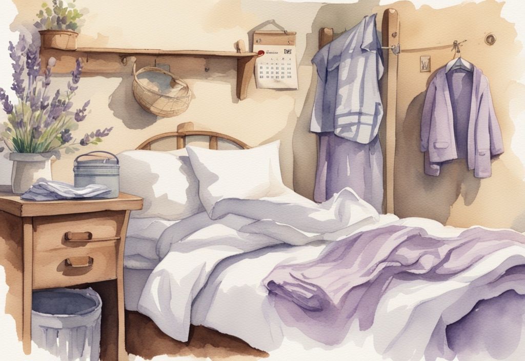 Vintage Aquarellillustration mit Lavendel-Farbthema, Wandkalender mit markierten Tagen, frisch gemachtes Bett mit weißen Bettlaken, Wäschekorb mit gebrauchten Laken.