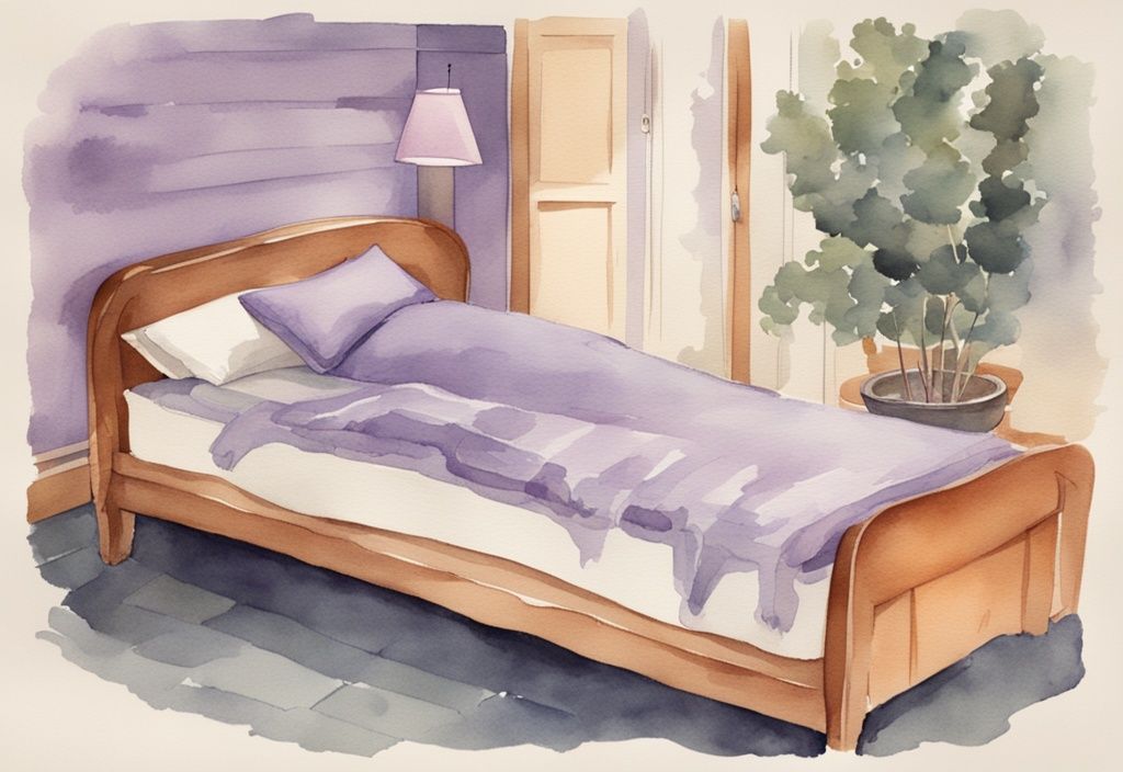 Vintage Aquarell-Illustration einer Person mit Skoliose, die bequem auf einer speziell gestalteten Matratze schläft, welche Matratze bei Skoliose zeigt.