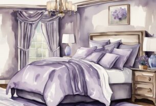 Vintage Aquarell-Illustration eines geschmackvoll dekorierten Schlafzimmers mit luxuriöser Satin-Bettwäsche in Lavendel, die glatte Textur und glänzende Oberfläche hervorhebt, was ist Satin Bettwäsche.