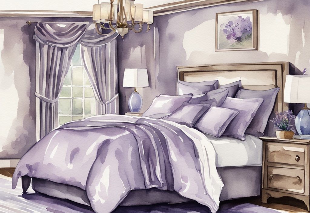 Vintage Aquarell-Illustration eines geschmackvoll dekorierten Schlafzimmers mit luxuriöser Satin-Bettwäsche in Lavendel, die glatte Textur und glänzende Oberfläche hervorhebt, was ist Satin Bettwäsche.