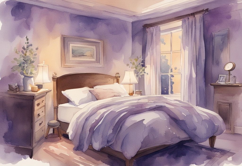 Vintage-Aquarellillustration eines ruhigen Schlafzimmers bei Dämmerung, eine Person bereitet sich friedlich auf das Zubettgehen vor, digitaler Wecker zeigt ideale Zeit, wann ins Bett gehen.