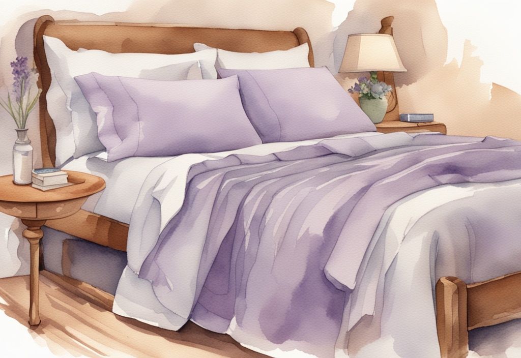 Vintage Aquarellillustration eines ordentlich gemachten Betts mit Polycotton-Bettwäsche, Nahaufnahme der Polyester- und Baumwollfasern, Hauptfarbthema Lavendel