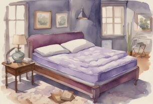 Vintage-Aquarellillustration eines Bauchschläfers auf einer Matratze, umgeben von verschiedenen Matratzenarten, welche Matratze für Bauchschläfer