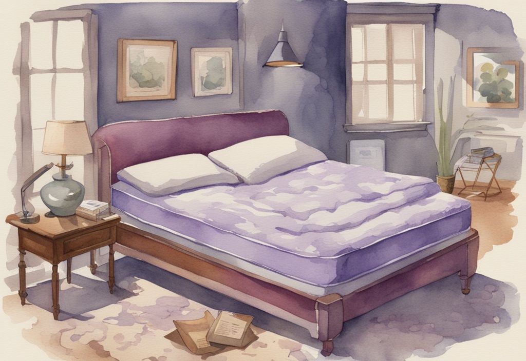 Vintage-Aquarellillustration eines Bauchschläfers auf einer Matratze, umgeben von verschiedenen Matratzenarten, welche Matratze für Bauchschläfer