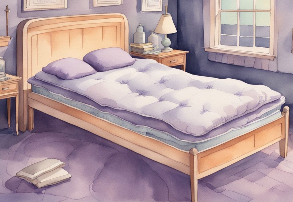 Vintage-Aquarell-Illustration eines Bauchschläfers auf einer Matratze, mit verschiedenen Matratzenarten im Hintergrund, jeweils mit Vor- und Nachteilen für Bauchschläfer beschriftet, Hauptfarbthema Lavendel