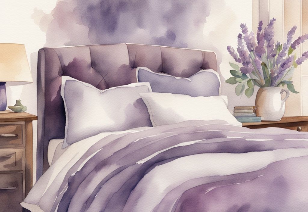 Vintage Aquarell-Illustration eines gemütlichen Schlafzimmers mit Flanellbettwäsche in Lavendelfarben, die Textur und Wärme des Materials hervorhebend